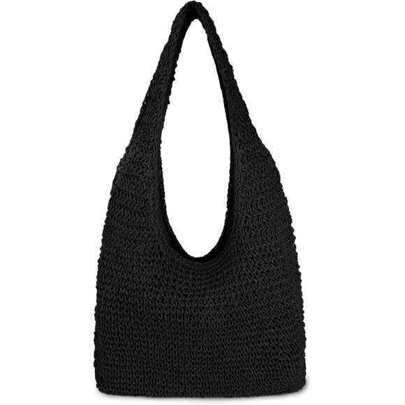 Women's Black Large Straw Beach Bag Handmade Woven Shoulder Hobo Tote Handbag - Picture 1 of 6
